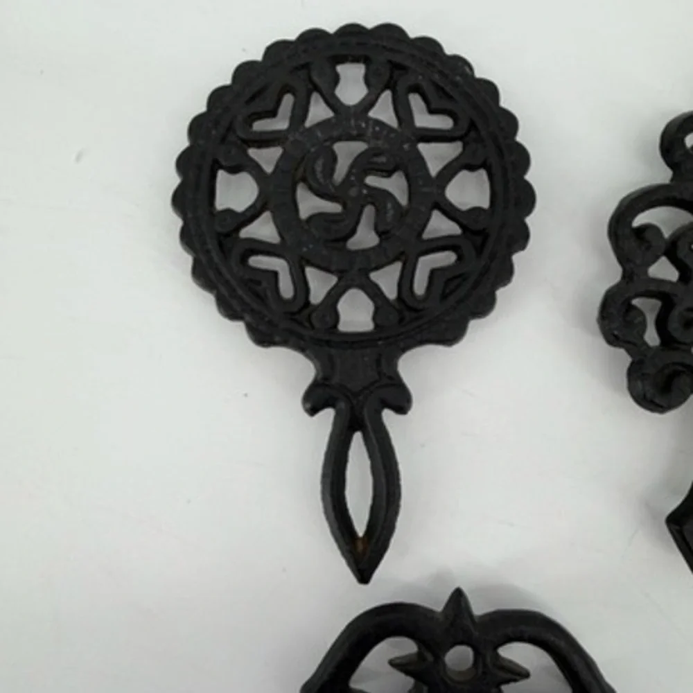 Vintage Black Cast Iron Trivet Set 5pc Pennsylvania Dutch Folk Art MT Series
